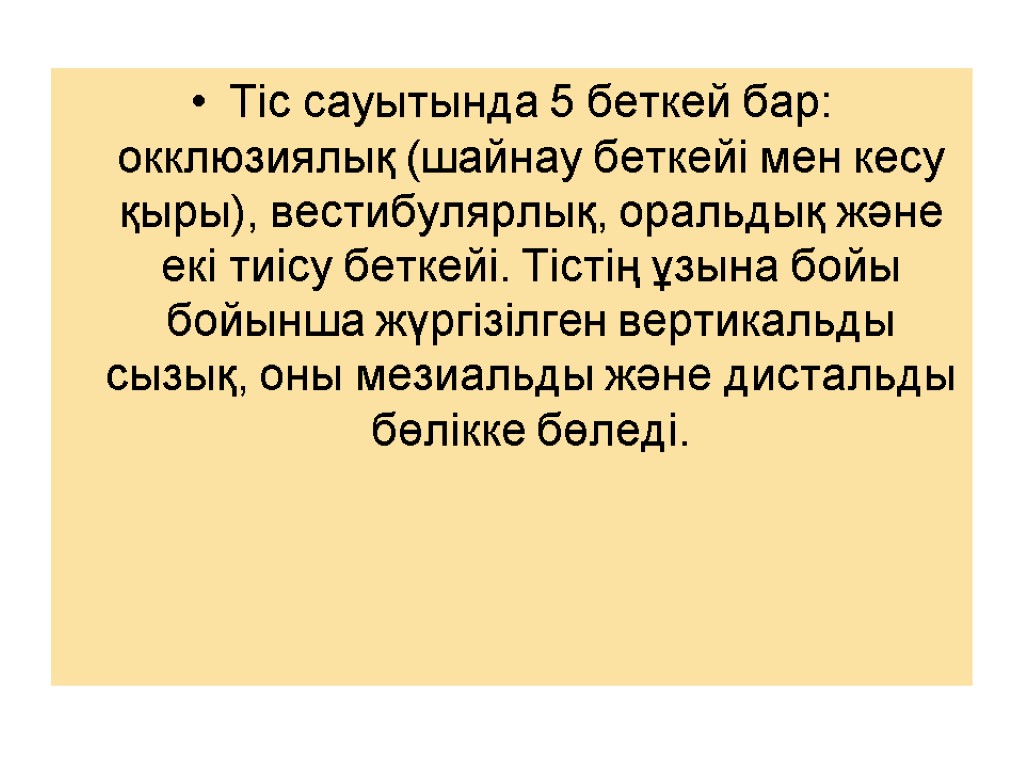 Тіс сауытында 5 беткей бар: окклюзиялық (шайнау беткейі мен кесу қыры), вестибулярлық, оральдық және